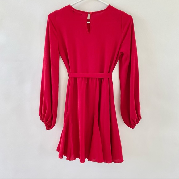 Petite Skater Mini Dress Blouson Long Sleeves Waist Tie Pleated Red 0 - Picture 4 of 16